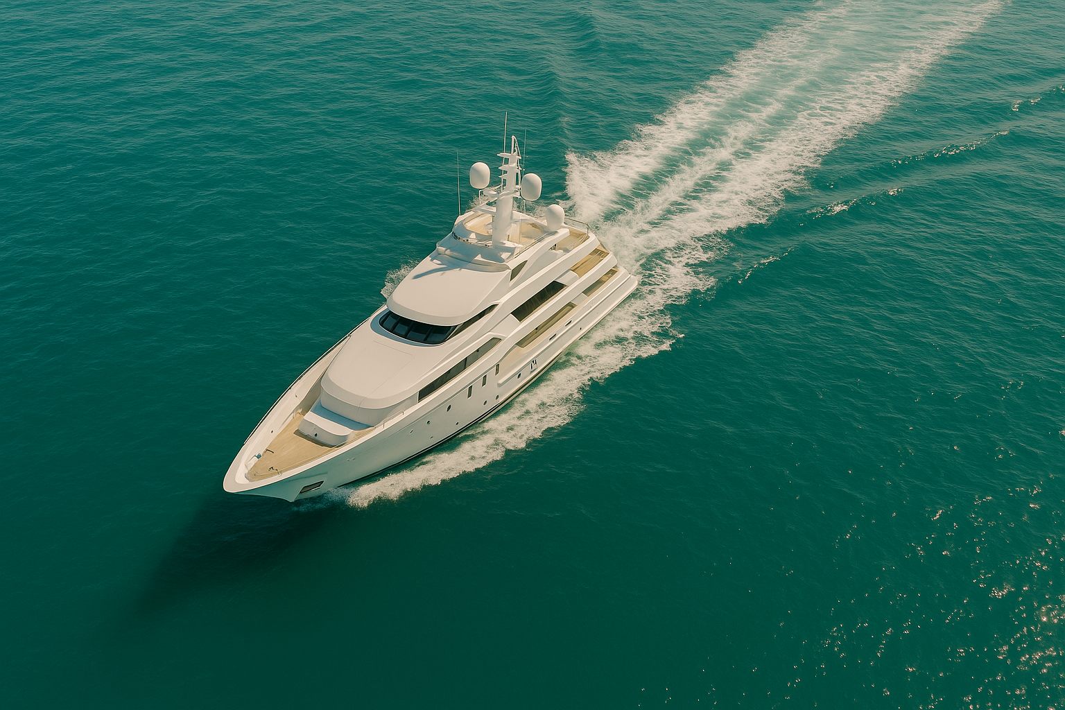 Aerial view of a superyacht cruising turquoise water
